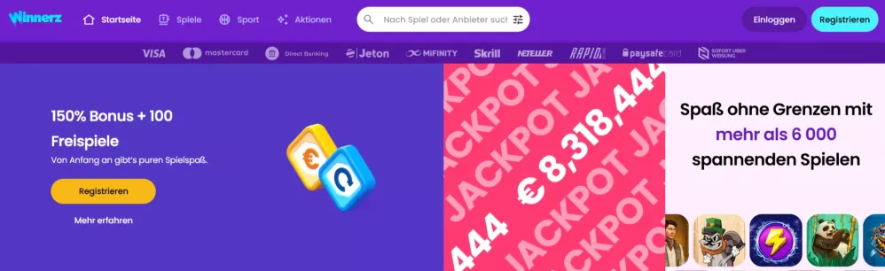 Winnerz Casino – 150% Bonus bis 1.000 € + 100 Freispiele jetzt sichern